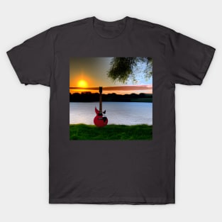 A Red Guitar Sitting On A Lake At Sunset T-Shirt